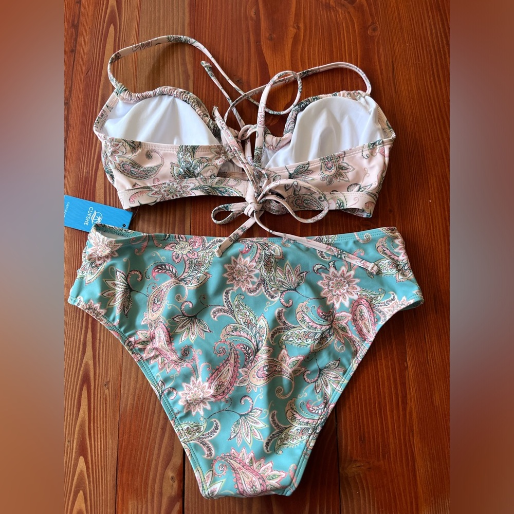 Cupshe Arty Petals Shirred Lace Back Bralette & Mid Ride Bikini Bottom Set - Picture 7 of 11